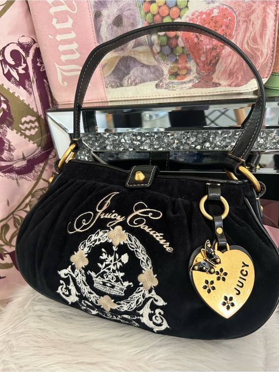 Juicy Couture Handbags - Y2K Vintage 2011 Juicy Couture Black Velour Shoulder Bag Butterfly Heart Charm